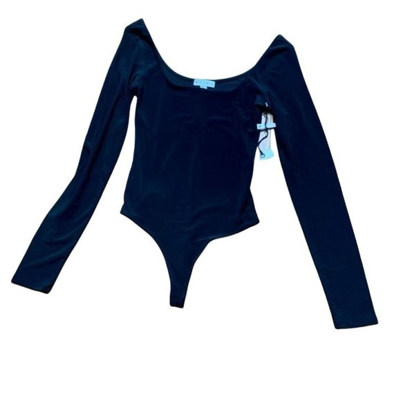Leith Tops - Leith Black Long Sleeve Scoop Neck Thong Bodysuit Women's Size XX-Small XXS